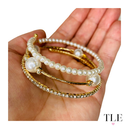 Beautiful Pearl and Rhinestone Gold Swirl Bangle