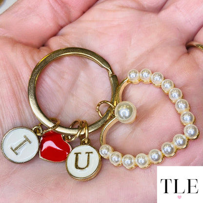 Golden I Love You Pearl Keychain with Red Heart