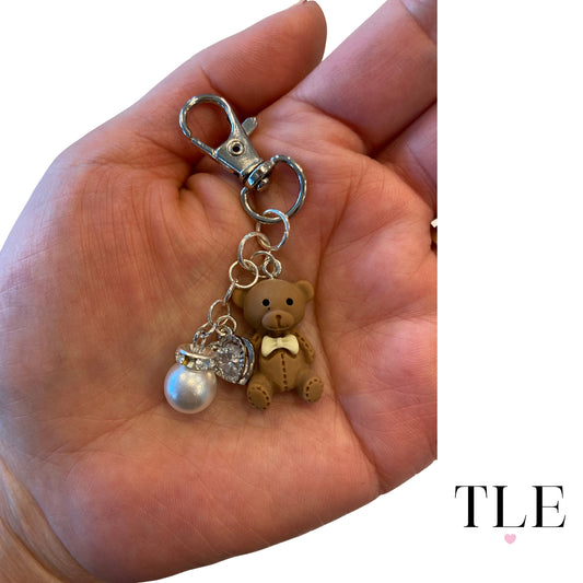 Cute Teddy Bear Keychain with Pearl and Diamond Heart