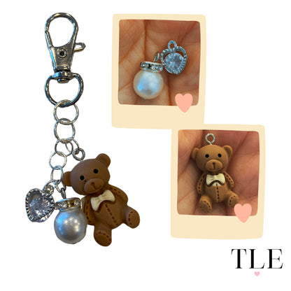 Cute Teddy Bear Keychain with Pearl and Diamond Heart