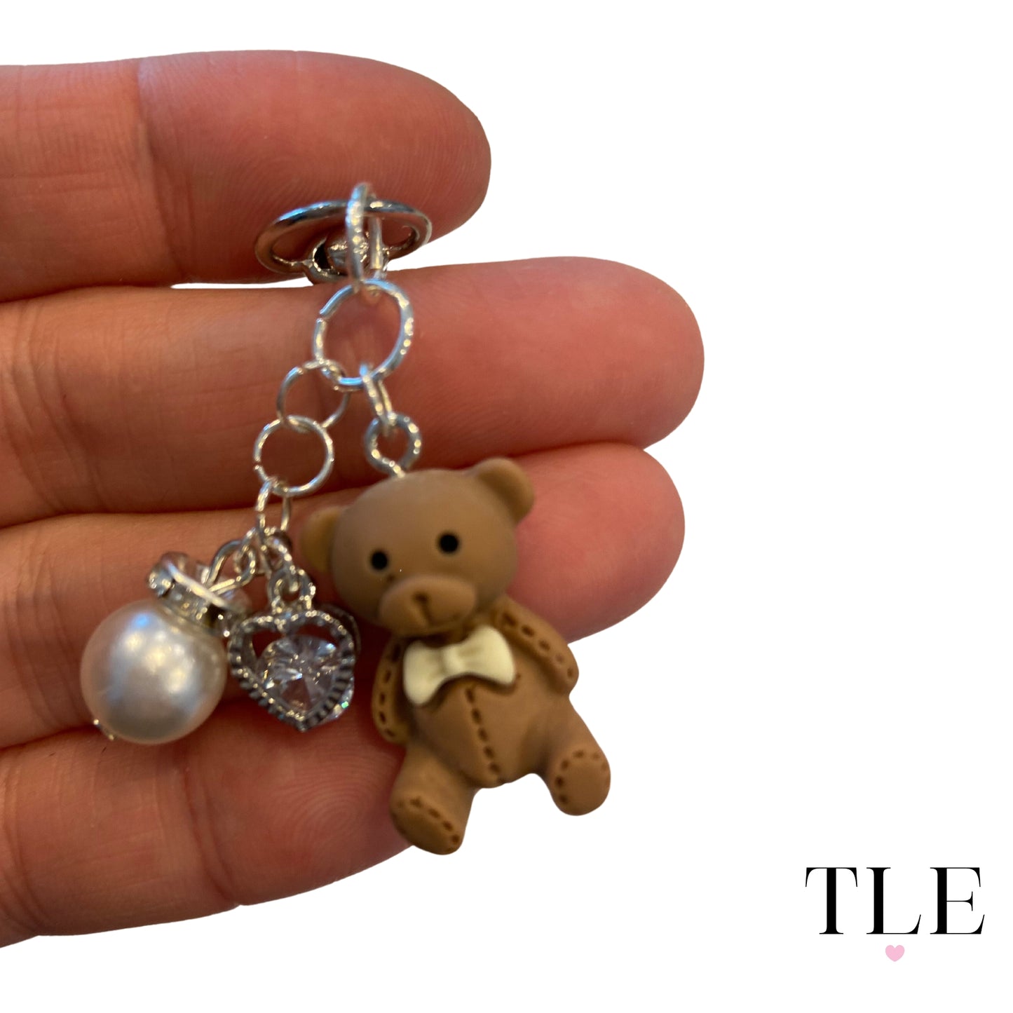 Cute Teddy Bear Keychain with Pearl and Diamond Heart