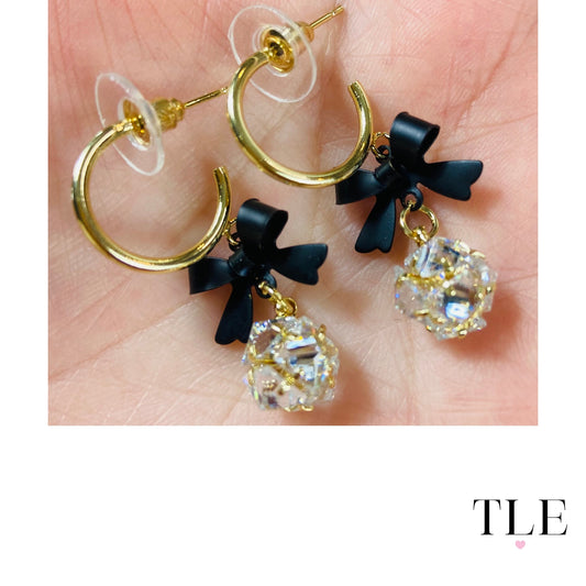 Gold Hoops with Black Bow and Crystal Ball Earrings