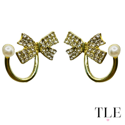 18k Gold Diamond Bow with Pearl Curl Earrings, Wear as Stud or Add Pearl for extra Pizzazz!